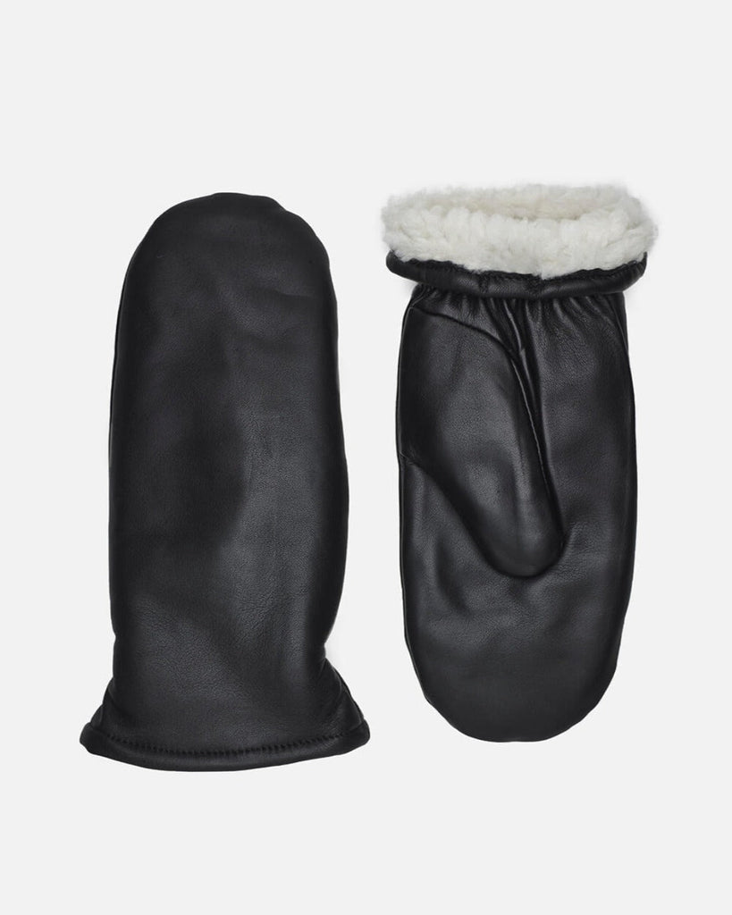 Warm women's leather mittes in black with fake fur, RHANDERS.