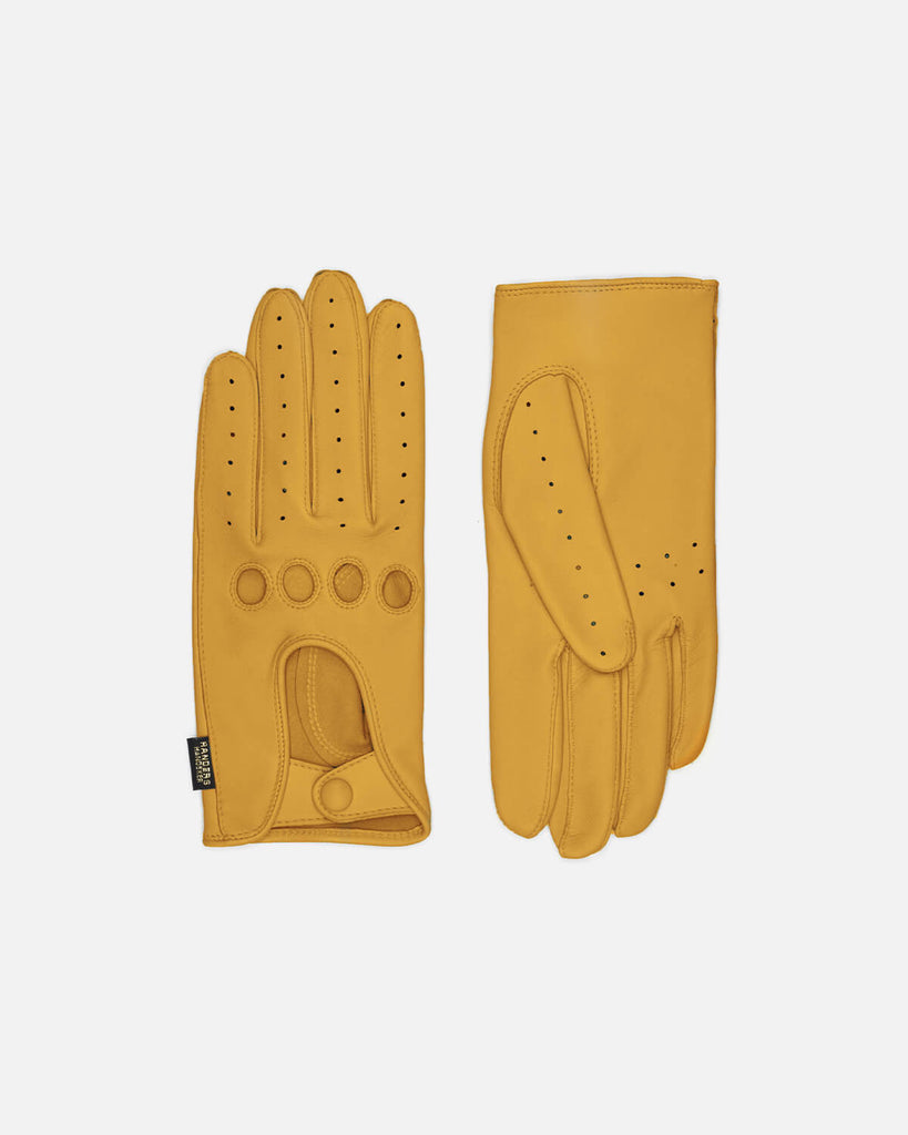 Fornem følelsen af fart og frihed med de klassiske dame kørehandsker i gul, Randers Handsker.