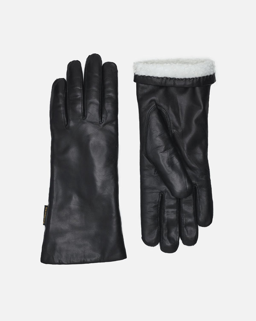 Black ladies glove in the finest lamb leather with slink lamb lining.