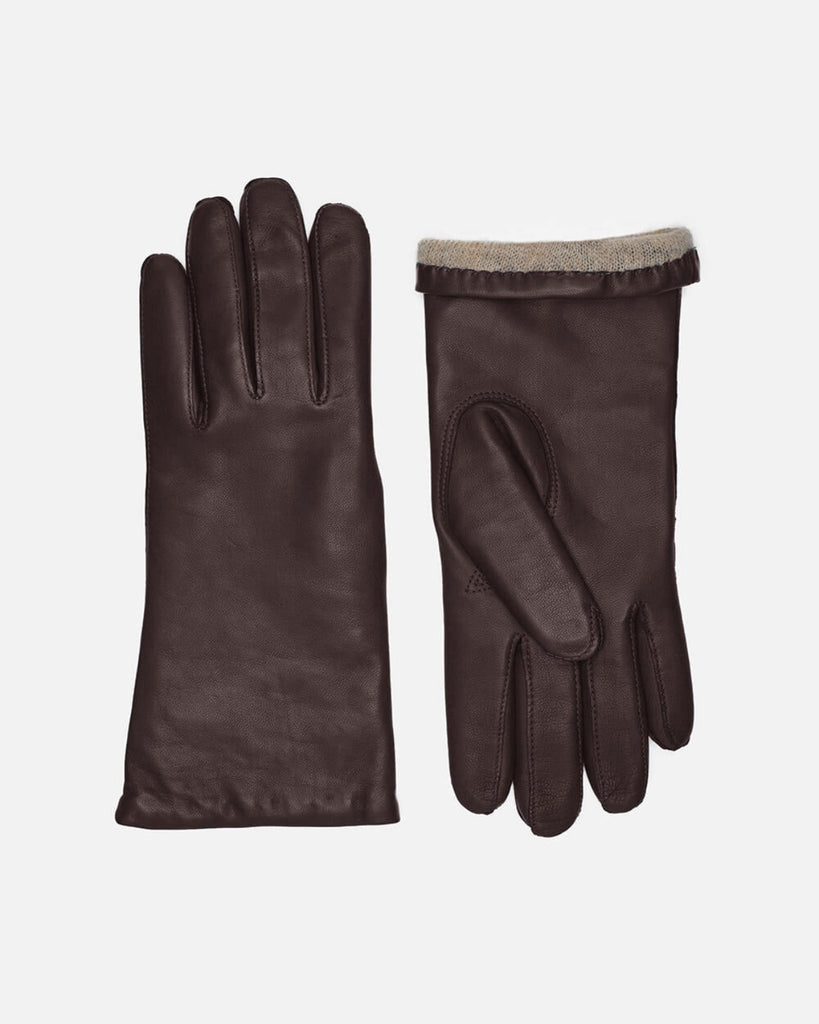 Klassiske dame skindhandsker i farven brun og med varmt uldfor, Randers Handsker.