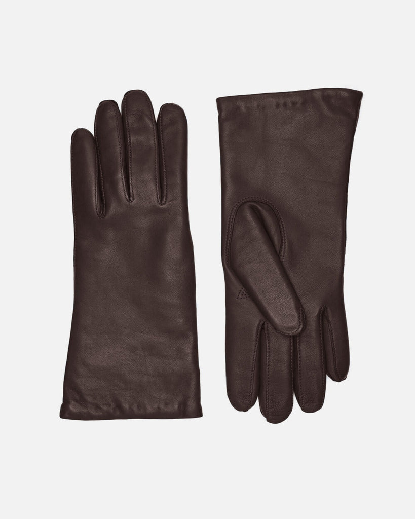 Modern female leather gloves in brown and with warm wool lining, RHANDERS.