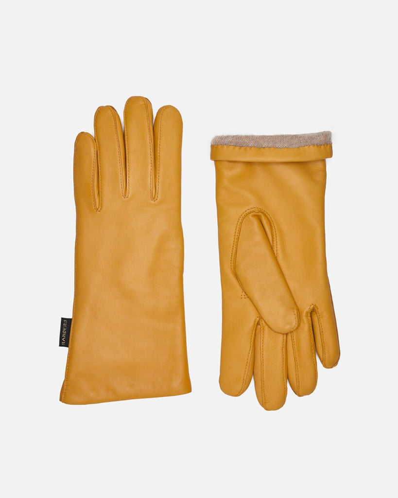 Klassiske og ultra-moderne dame skindhandsker i gul med varmt uldfor, Randers Handsker.