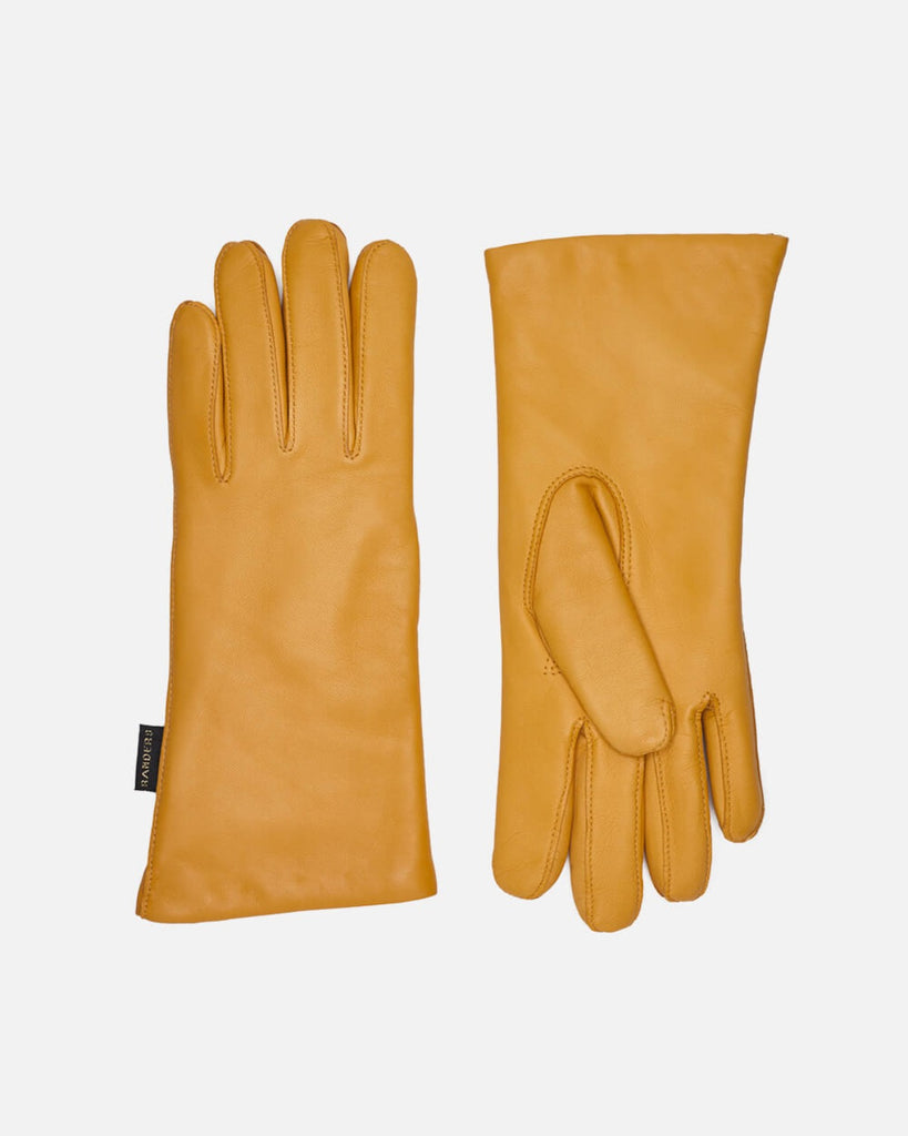 Klassisk og tidløs læderhandske til kvinder med varmt uldfor i farven gul.