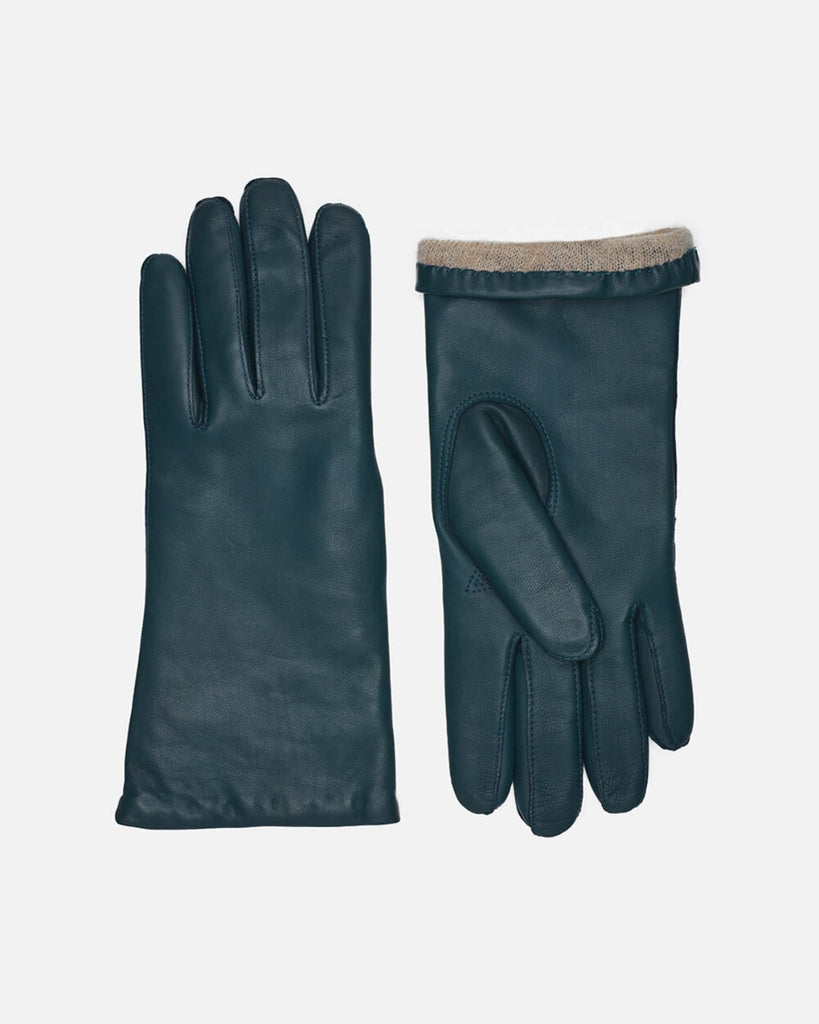 Classic women's leather gloves in teal with warm wool lining, RHANDERS.