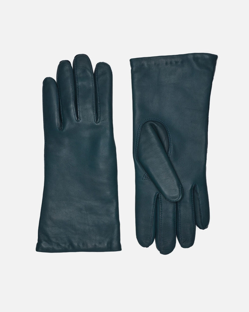 Classic and timeless leather glove for women with warm wool lining in the colour petrol.