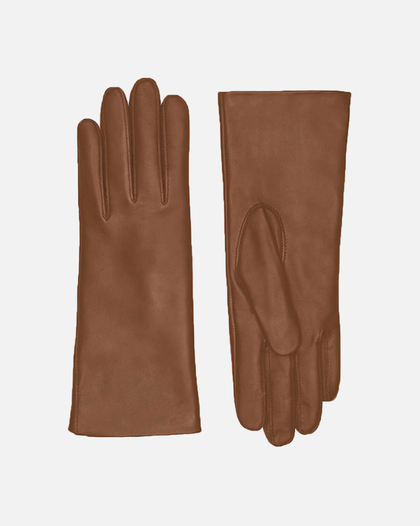 Klassiske skindhandsker til kvinder i farven hasselnød med varmt uldfor, Randers Handsker.