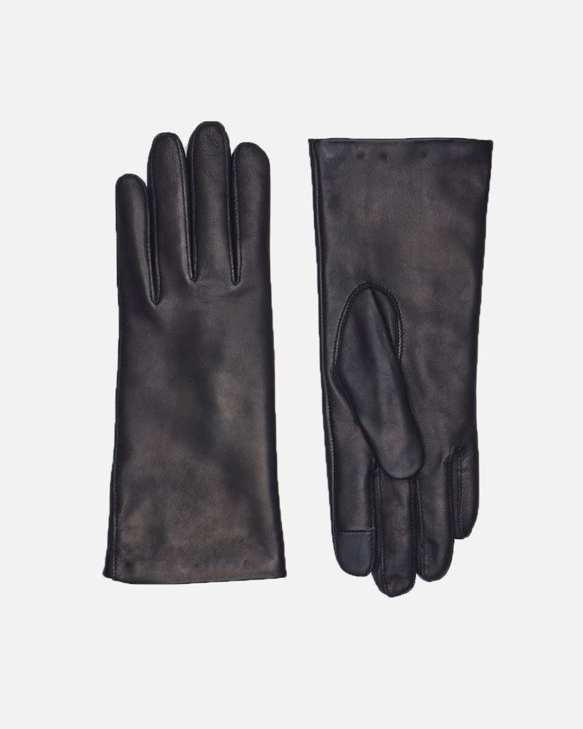 Female leather gloves in black with silk lining, RHANDERS.