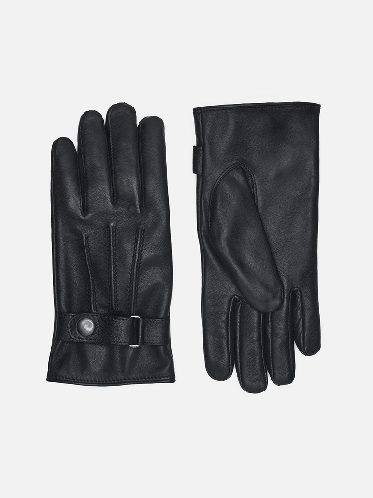 Men's leather gloves in black with fleece lining and strap with press button from RHANDERS.