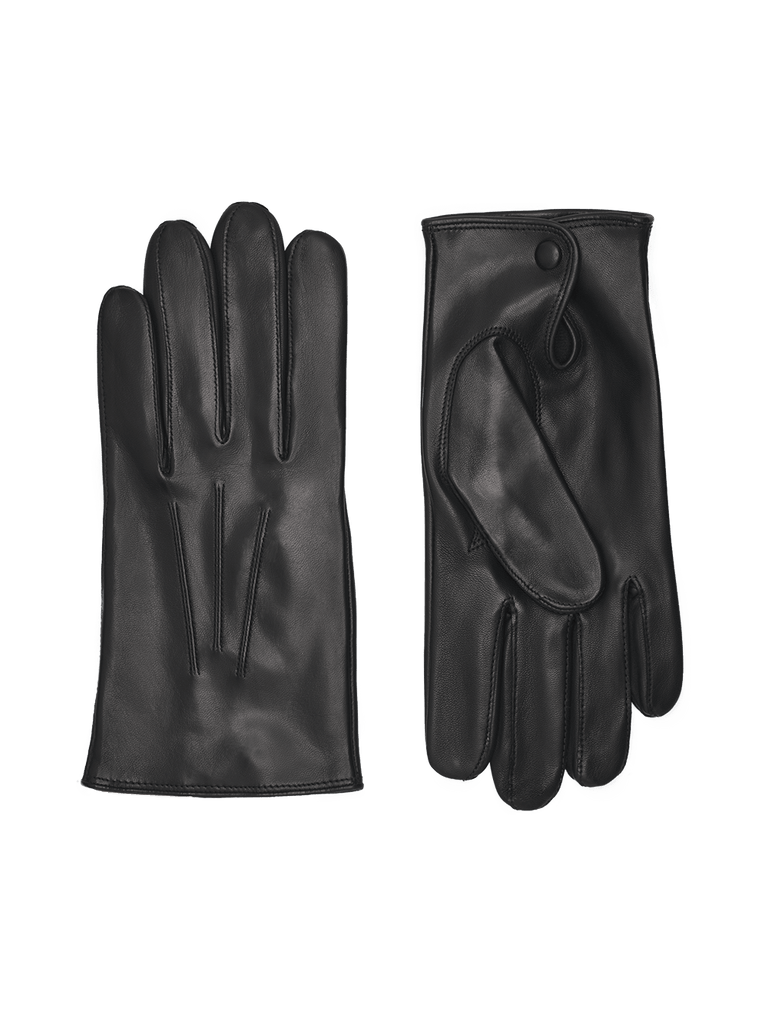 Klassisk herrehandske I sort skind med varmt uldfor fra Randers Handsker.