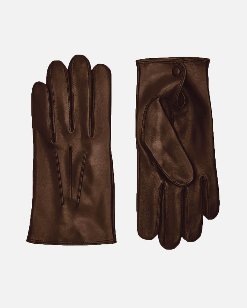 Elegant herrehandske i brunt skind med trykknap og uldfor fra Randers Handsker.