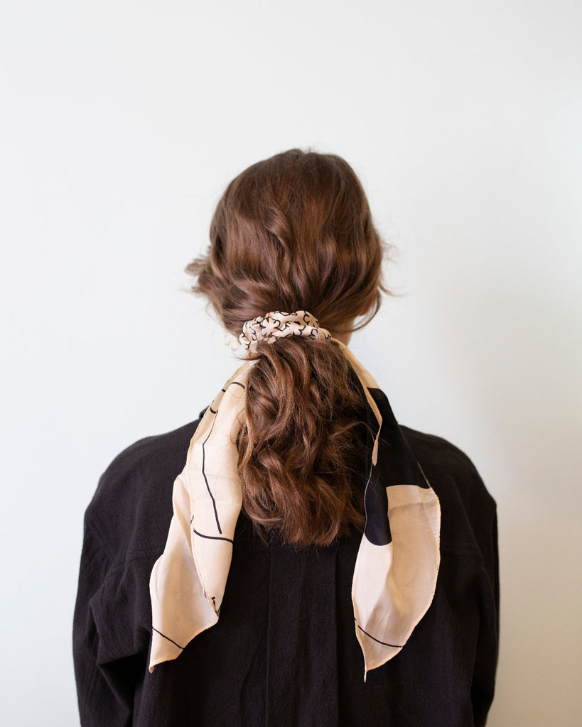 Soft and sustainable silk scrunchie with a tie. Upcycled from leftovers of the Cheval Scarf.