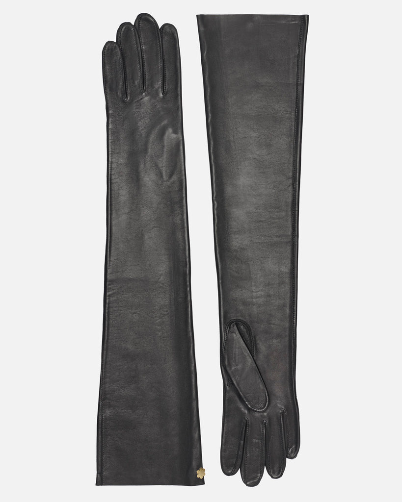 Long female leather gloves in black, unlined from RHANDERS.
