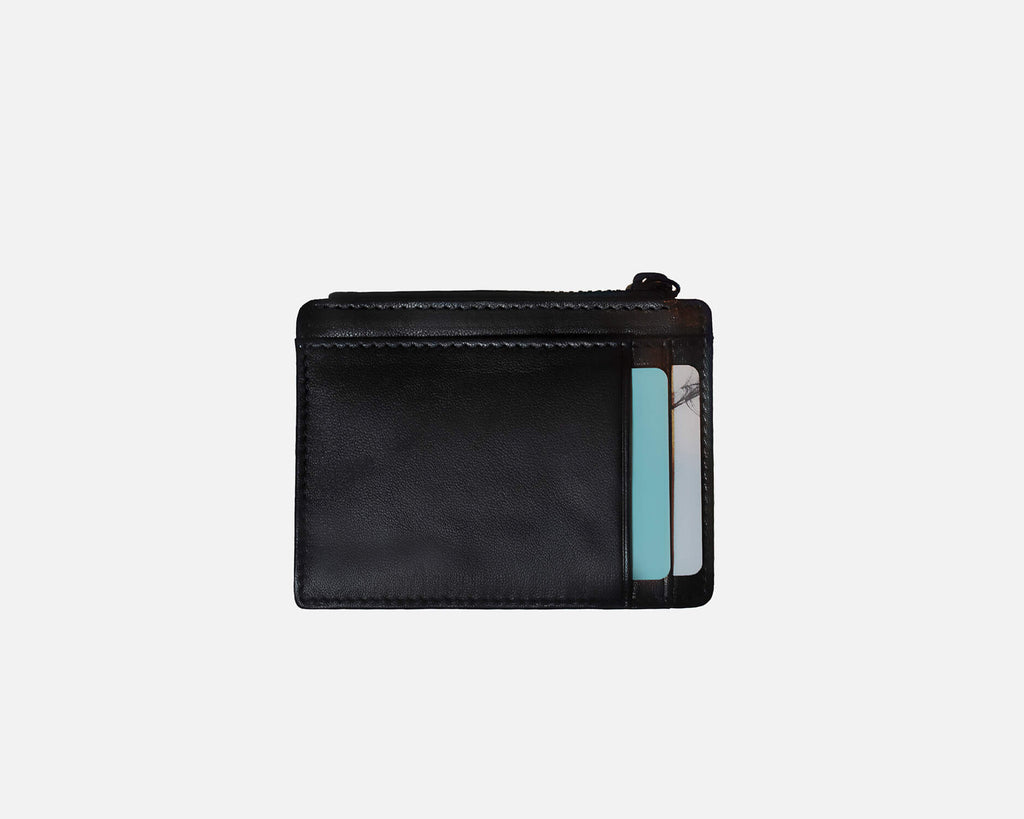 Small leather zip wallet in black, with compartments for creditcards from RHANDERS.