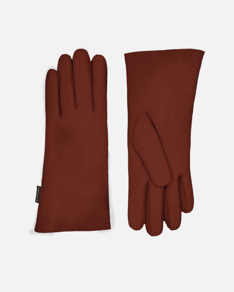 Women's classic cognac leather glove with warm wool-blend lining.