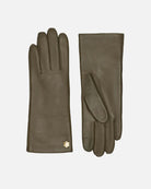 RHANDERS female leather gloves in army, with wool lining and touch.