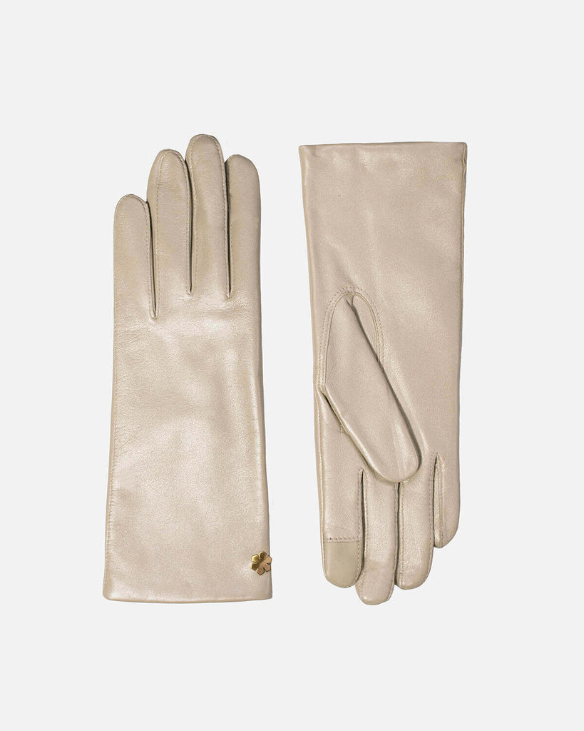 RHANDERS female leather gloves in champagne metallic, with wool lining and touch.