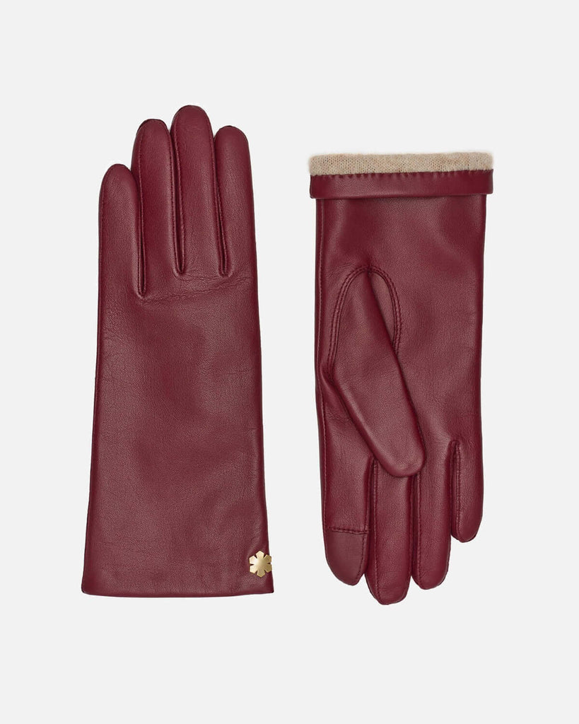 Klassiske mørkerøde skindhandsker til kvinder med strikfor og touch fra RHANDERS, Randers Handsker.