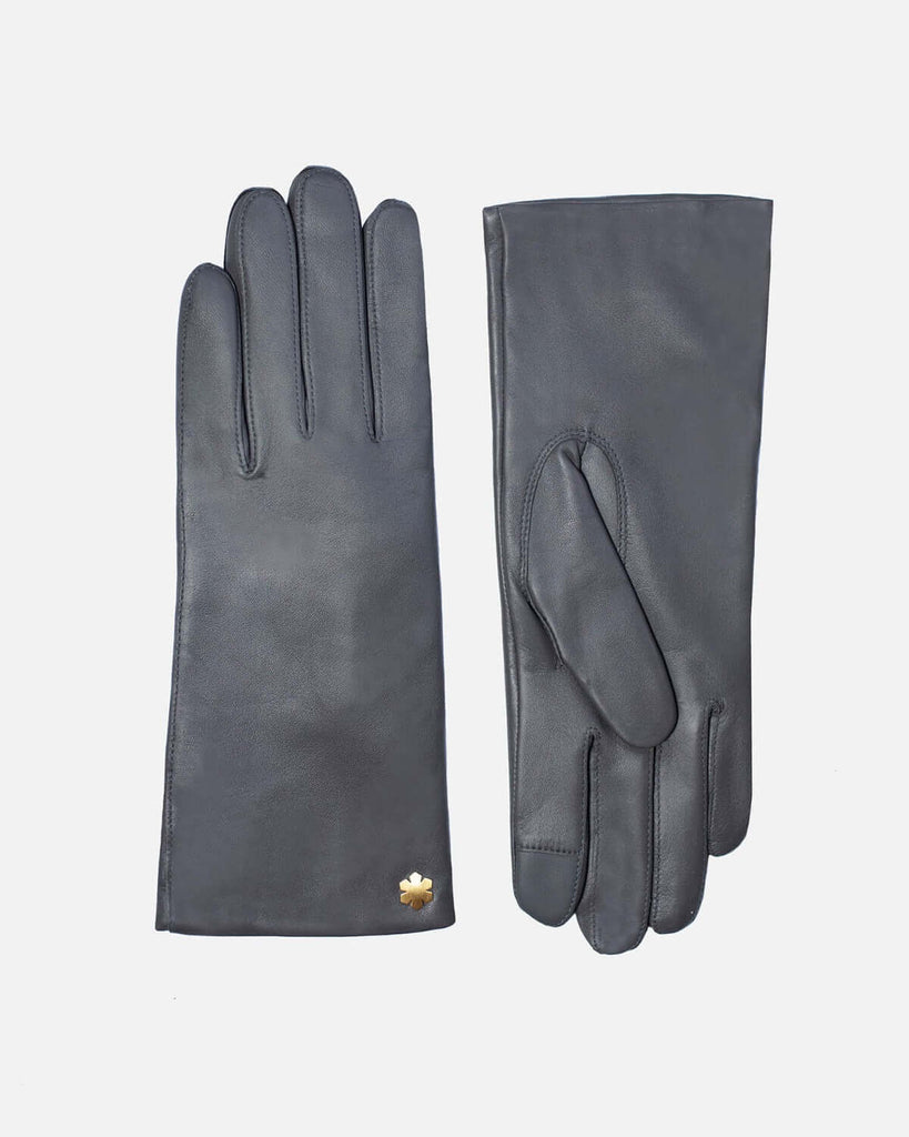 Klassiske skindhandsker i grå til kvinder med strikfor og touch fra RHANDERS, Randers Handsker.