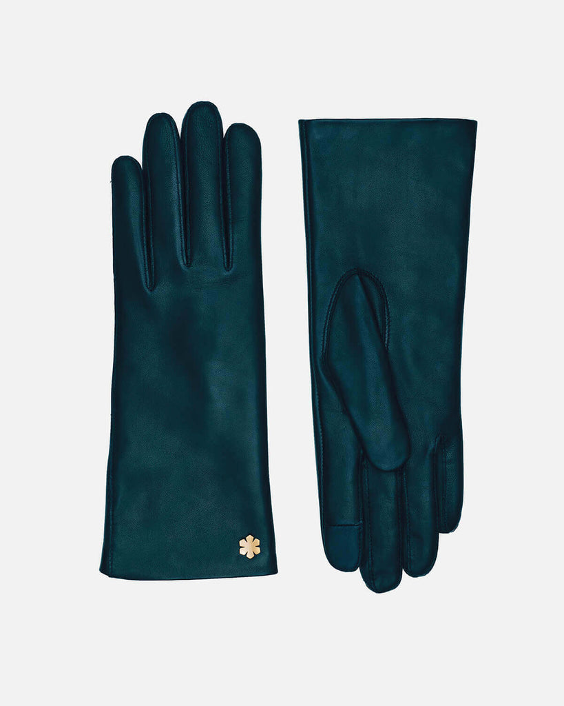 Classic RHANDERS teal leather gloves with wool lining and touch.