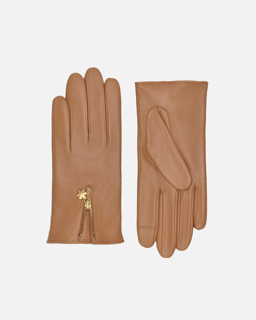 Women's leather gloves in camel with wool lining, touch and 14k gold plated kalmus zipper-pull, RHANDERS.