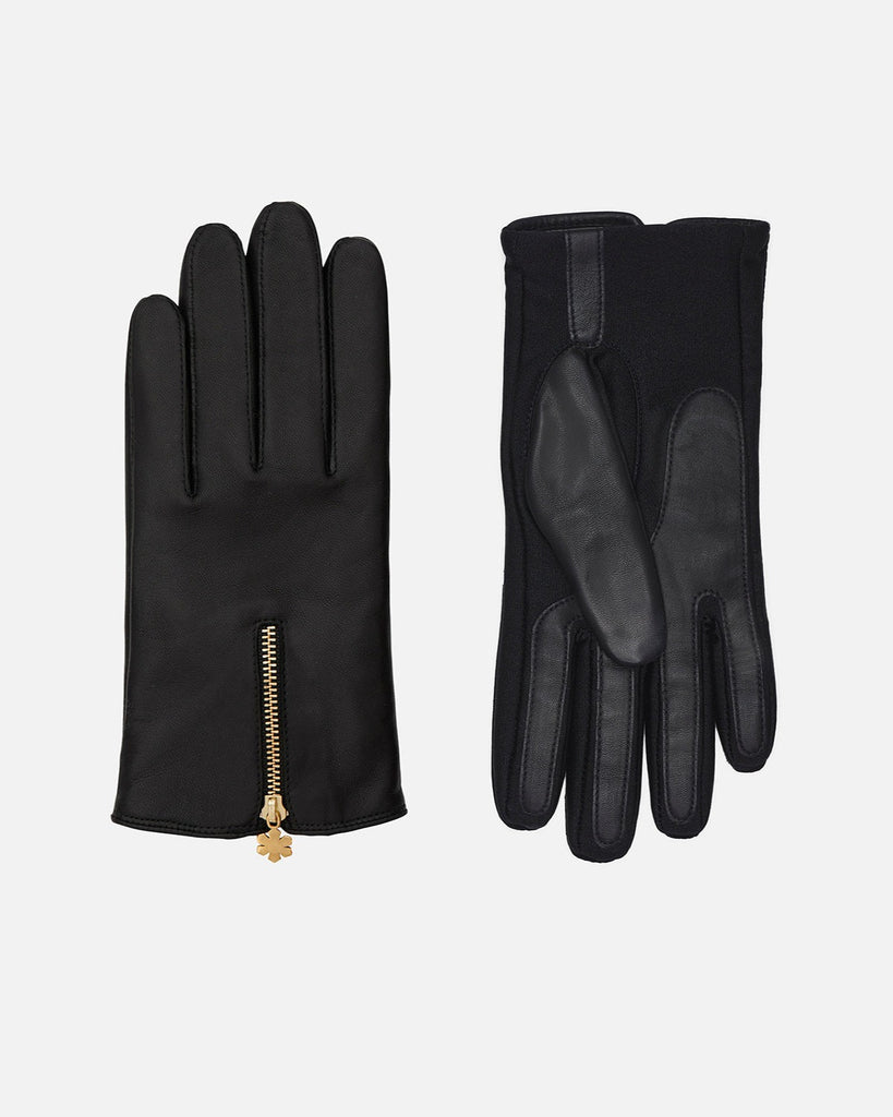 One-size women's leather gloves in black, with wool lining and touch from RHANDERS.