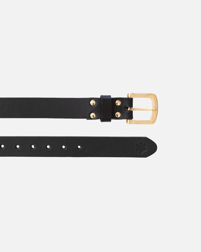 Classic black leather belt with gold buckle for women. Handcrafted in Denmark.