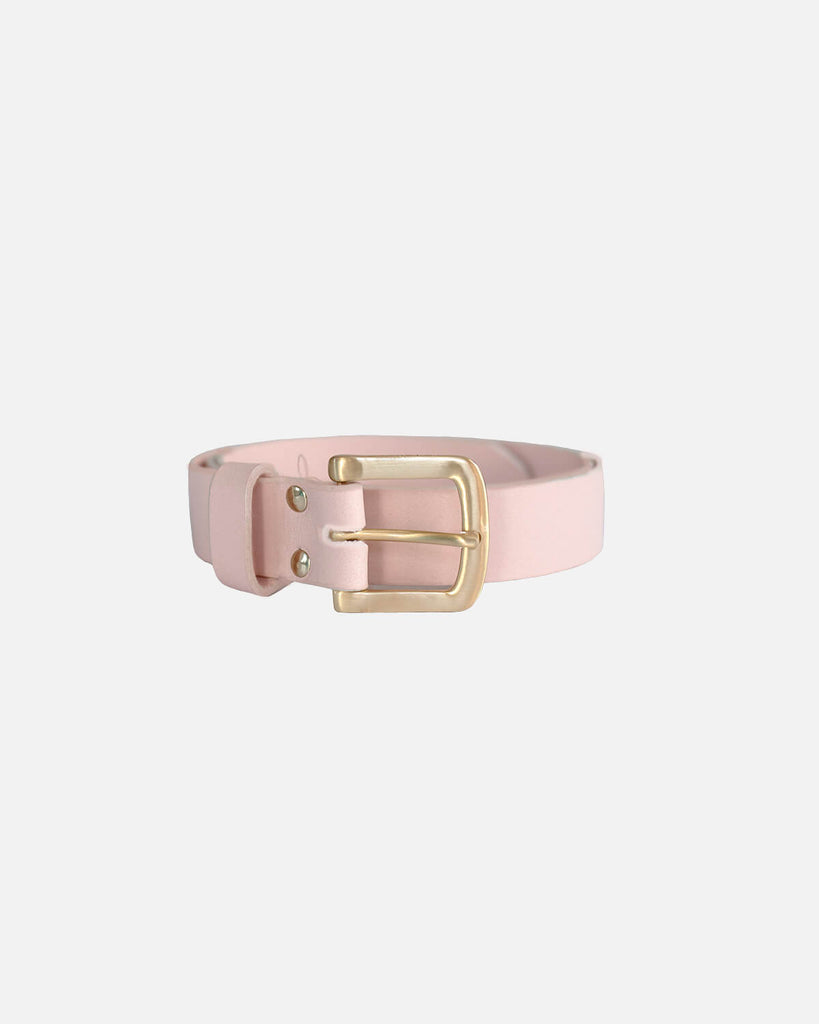 Classic rose leather belt with gold buckle for women. Handcrafted in Denmark.