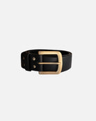 Classic and wide black leather belt with gold buckle for women. Handcafted in Denmark.