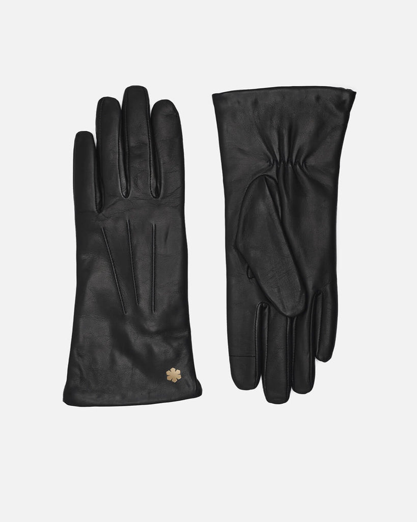 Varm skindhandske til kvinder i sort, med strikfor og touch fra RHANDERS, Randers Handsker.