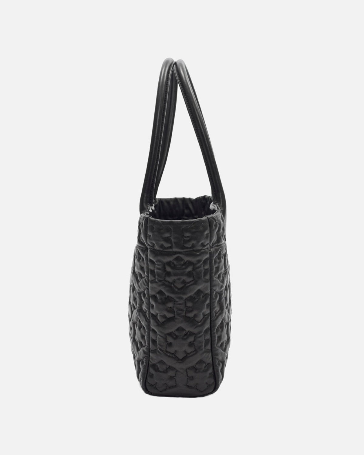 Black women's leather bag with soft, round handles and gold-plated zipper.