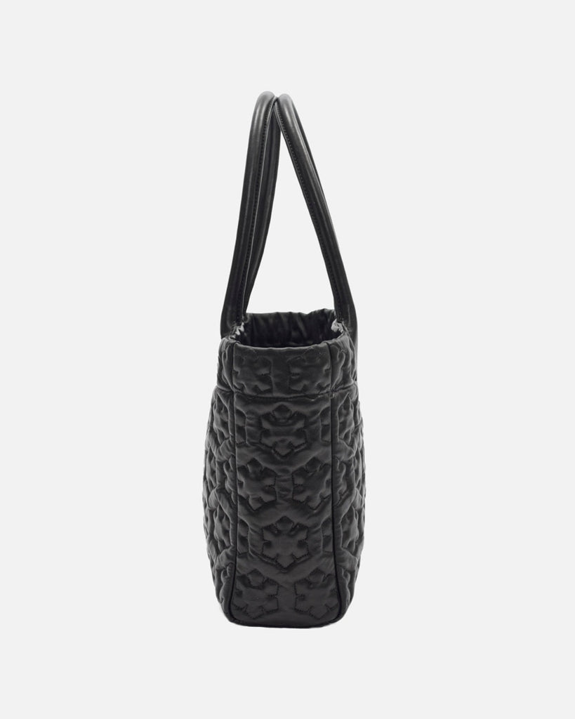 Black women's leather bag with soft, round handles and gold-plated zipper.