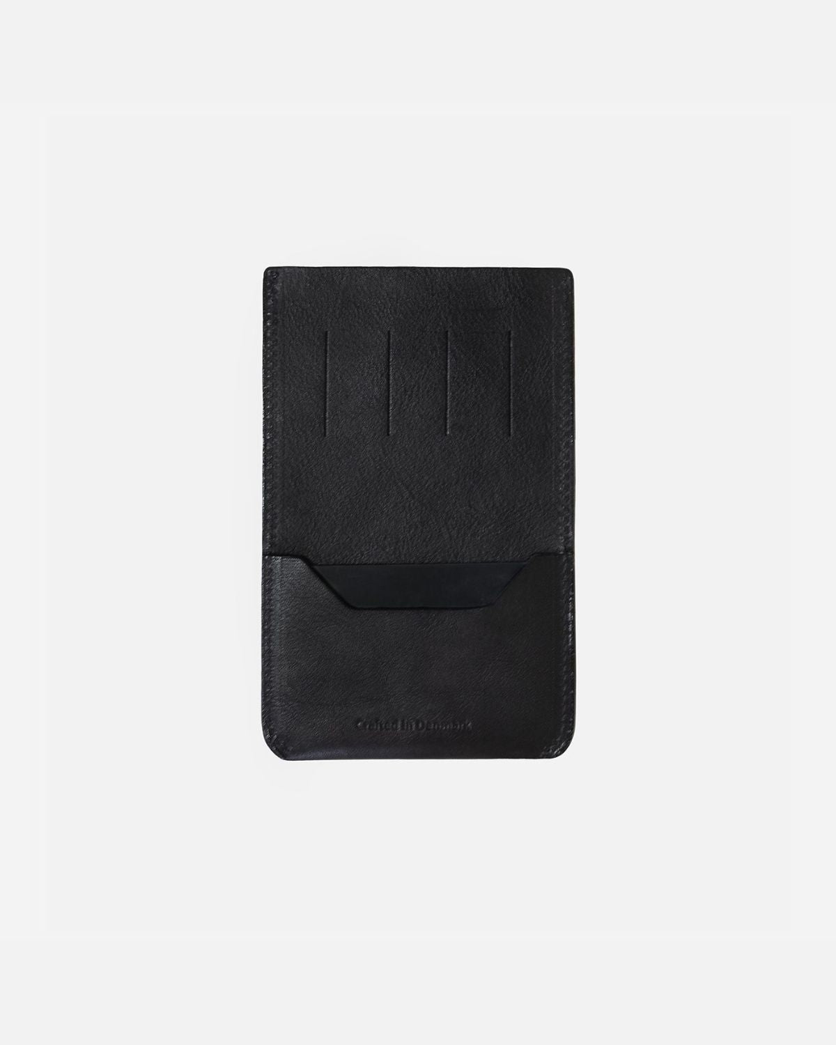 Handcrafted black leather phone holder from RHANDERS.