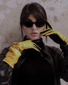 Classic, one-size long women's leather gloves in yellow from RHANDERS.