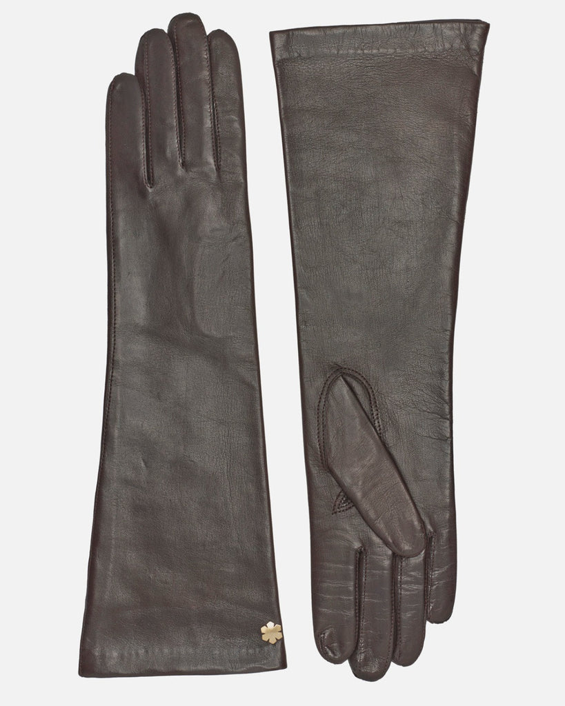 Klassiske lange damehandsker i brun skind med silkefor fra RHANDERS, Randers Handsker.